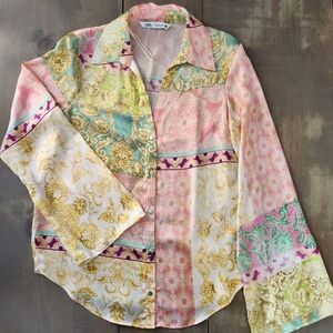 Zara Patchwork Satin Long Sleeve Button-Up Blouse – Size XS
